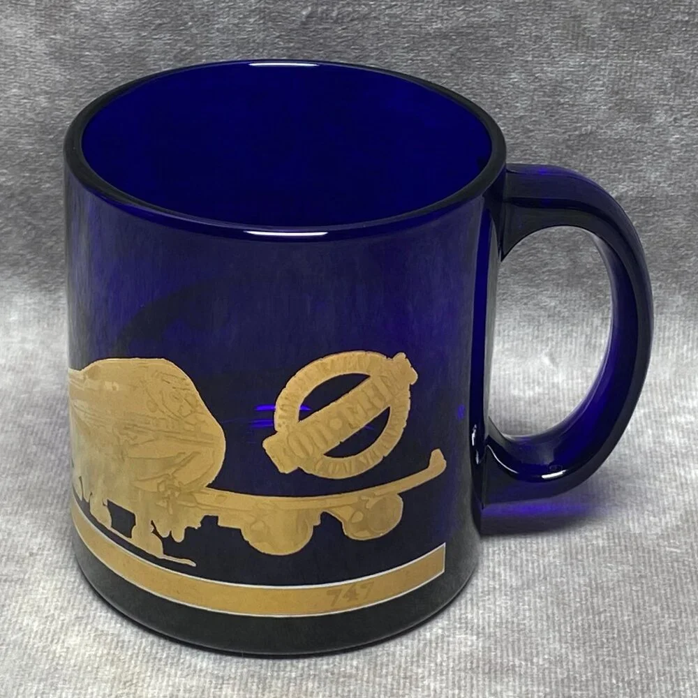 Vintage Boeing Cobalt Blue Glass Mug With Gold Trim - Picture 1 of 13